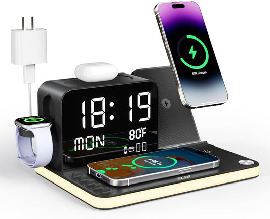 Acer 7-in-1 Wireless Charging Station with LED Clock - 30W Fast Wireless Charger for iPhone 16/15/14/13/12/Pro Max, Apple Watch, AirPods - Bluetooth Auto Time Sync & Night Lights